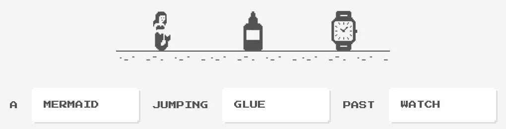 GenDino setup screen: a mermaid, a bottle of glue and a wristwatch above the words A mermaid jumping glue past watch